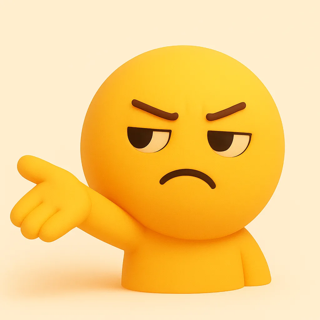 ぷに顔文字シリーズ・ポイ｜片手を差し出してそっぽを向く表情が「(¬_¬)ノシ」風で、拒絶や無関心を表すのにぴったり。ぷに顔文字シリーズの丸さが柔らかさをプラスし、強すぎない表現が魅力。