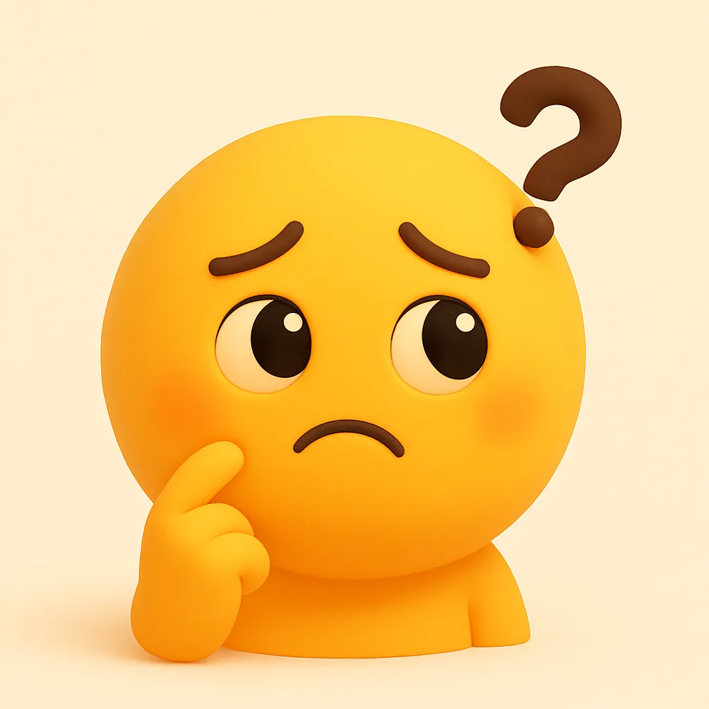 ぷに顔文字シリーズ・悩む｜指を口元に添えた仕草と困ったような目が「(･ω･`)」に通じる悩み顔。ぷに顔文字シリーズならではの立体的でやさしいフォルムが、場面を選ばず活用できる。