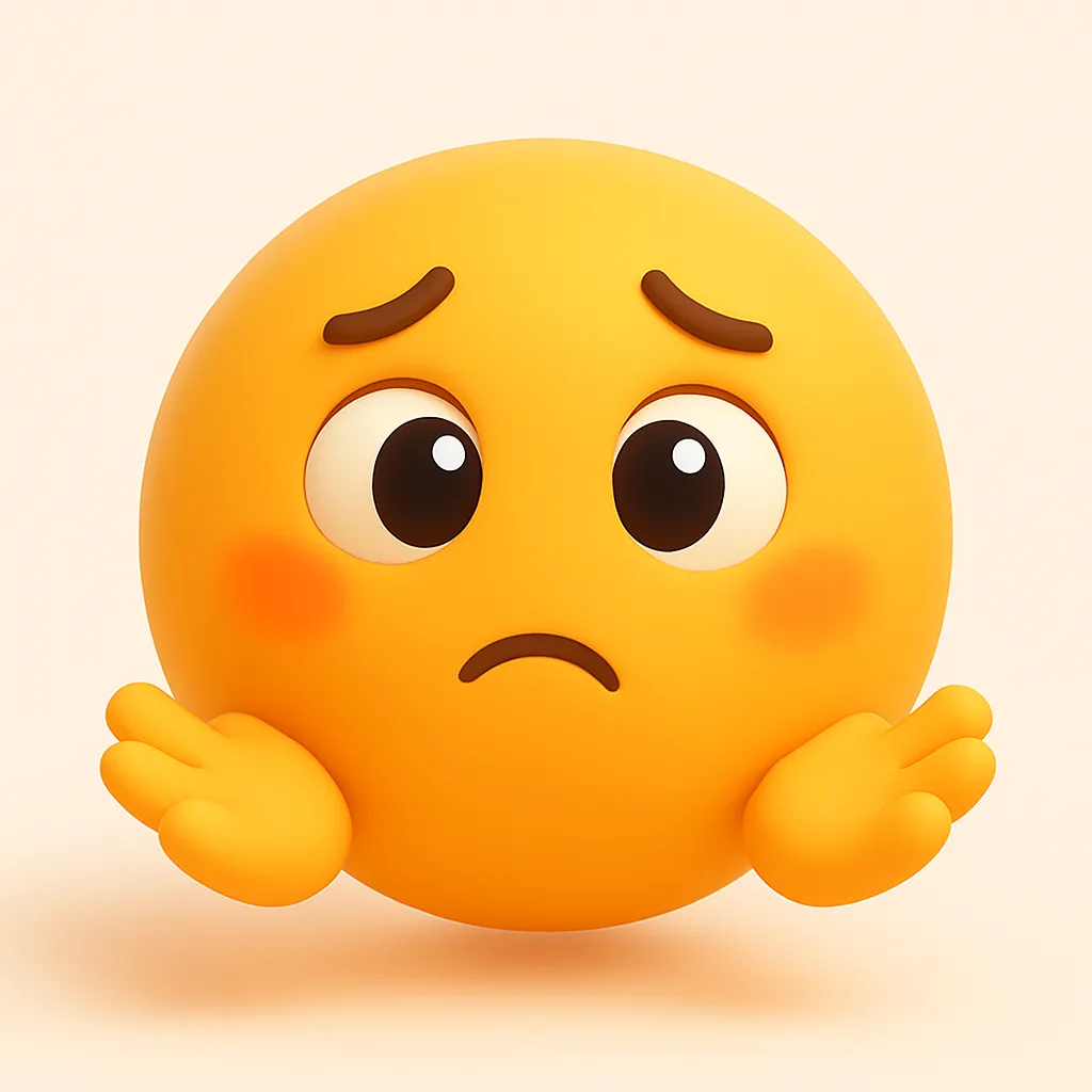 ぷに顔文字シリーズ・困る｜両手を横に開いたポーズとウルウルの目が「(・_・;)」を思わせる、戸惑いのあるかわいらしい表情。ぷに顔文字シリーズの柔らかさで緊張感が和らぐ印象に。