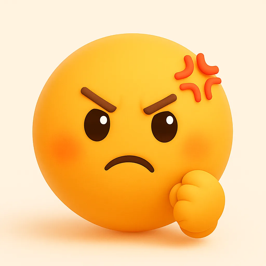 ぷに顔文字シリーズ・怒る｜赤い怒りマークと強い視線が特徴の「(｀Д´)」系フェイス。ぷに顔文字シリーズならではの丸く柔らかなフォルムが怒りの中にもかわいさを添えるデザイン。