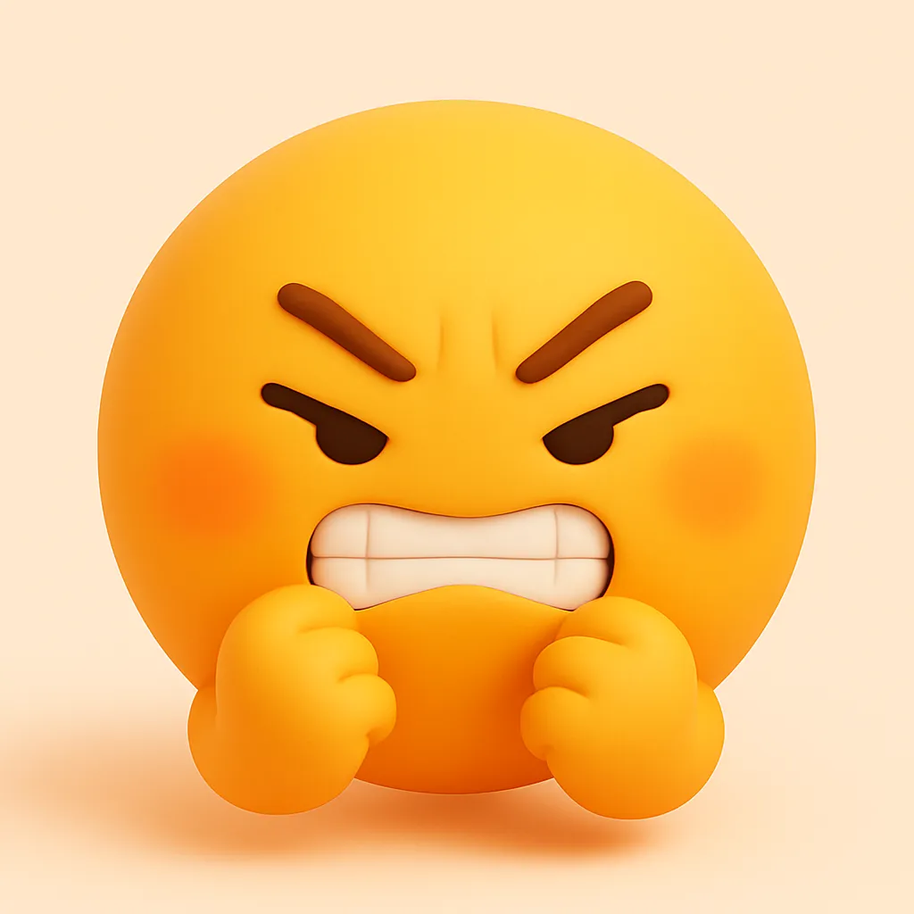 ぷに顔文字シリーズ・ぐぬぬ｜歯を食いしばった表情が「(≧ヘ≦ )」のような我慢を表現。拳を握ったポーズが印象的で、ぷに顔文字シリーズのもつ立体感で気持ちの詰まり感が伝わる。