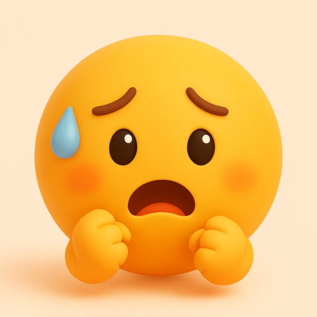ぷに顔文字シリーズ・焦る｜汗と驚いた表情が「(；ﾟДﾟ)」風で、急なピンチを可愛く描写。ぷに顔文字シリーズのふんわりとした造形が、焦りの中にも愛嬌を与えてくれるユニークな印象。