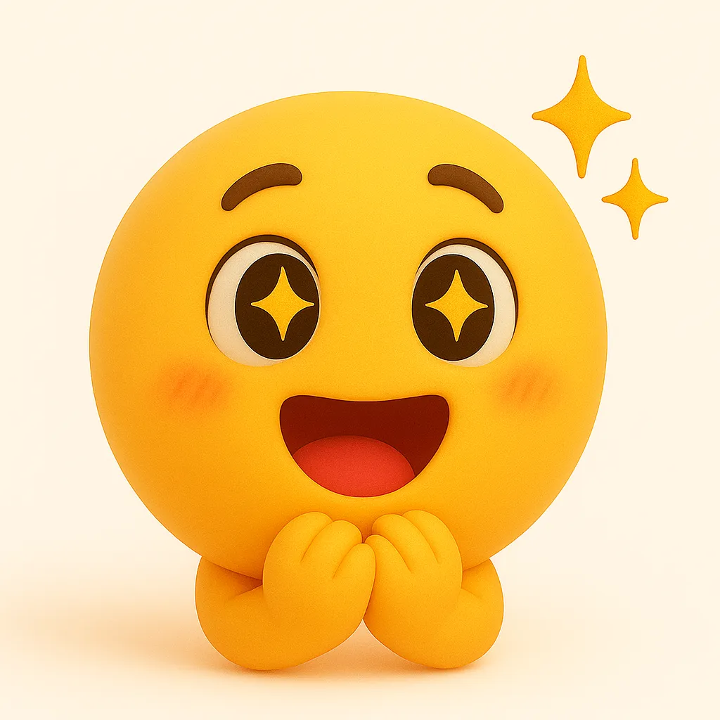 ぷに顔文字シリーズ・すごい｜キラキラした瞳と口元の開いた笑顔が印象的なぷに顔文字。両手を口元に添えるポーズが感動を表します。アスキーアートで言えば (*ﾟ▽ﾟ*) に相当。