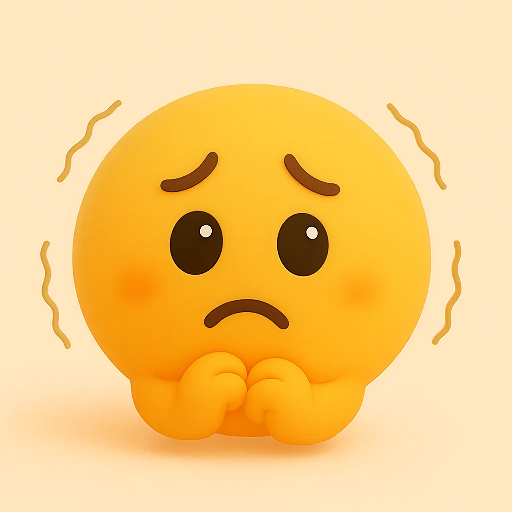 ぷに顔文字シリーズ・震える｜手を胸にあて身をすくめて震えるようなポーズが特徴のぷに顔文字。眉の角度と波線が寒さや不安を伝えます。AAでは ((((；ﾟДﾟ)))) に近い雰囲気です。