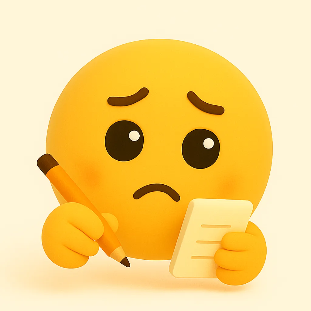 ぷに顔文字シリーズ・メモ｜困り眉で一生懸命メモを取る姿が印象的な表情。ぷにっとした柔らかな輪郭と大きな目が親しみやすく、真面目さがにじむぷに顔文字シリーズの一枚。アスキー：(・_・;)φ