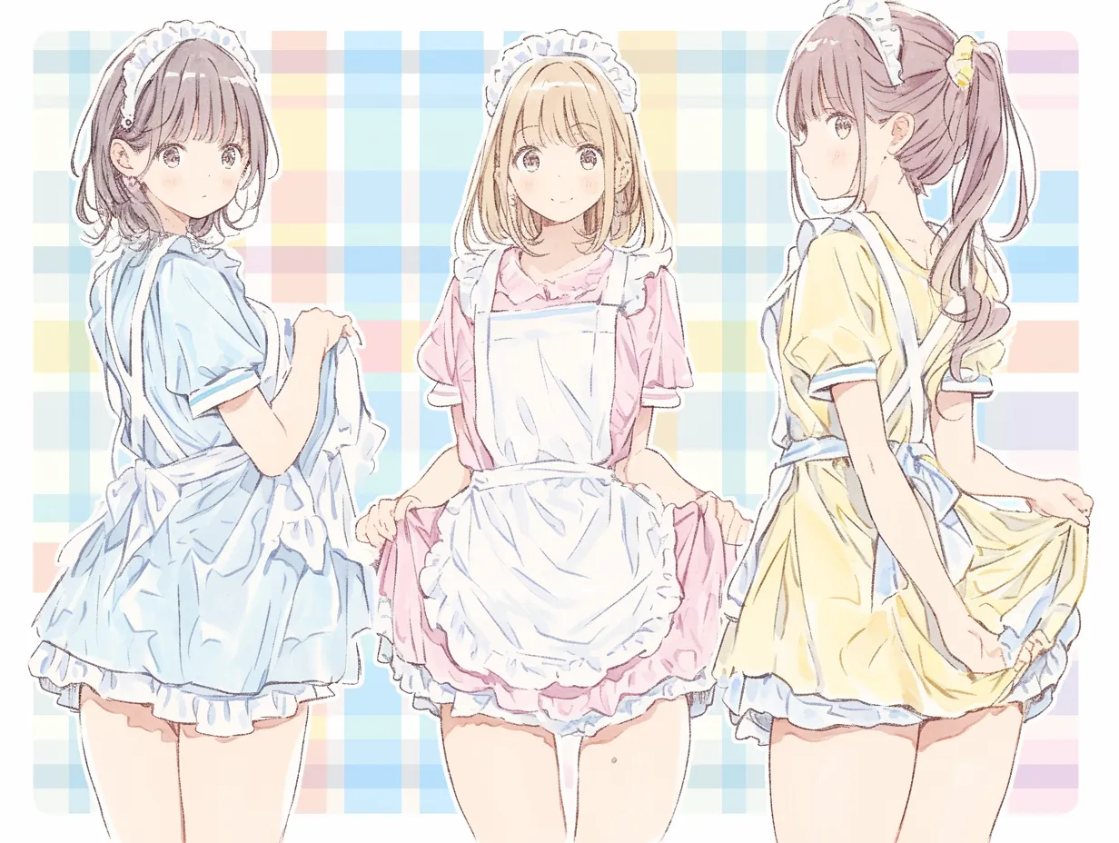 3人組のカラフルメイドキャラクター｜水色・ピンク・黄色の3色で構成されたメイド姿の3人組。淡彩のパレットでまとめられた柔らかい描線が、仲の良い雰囲気と可愛らしさを引き立てている。