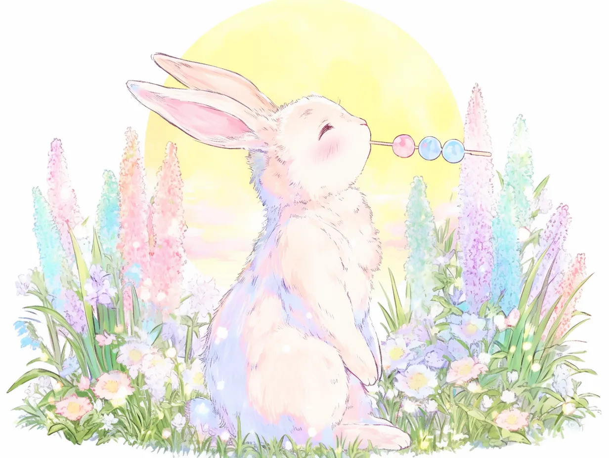 お月見うさぎと団子｜満月を背にたたずむお月見うさぎが、そっとお団子をくわえる静かなひととき。淡いパステルと光の表現が、秋の優しさを柔らかに伝えています。