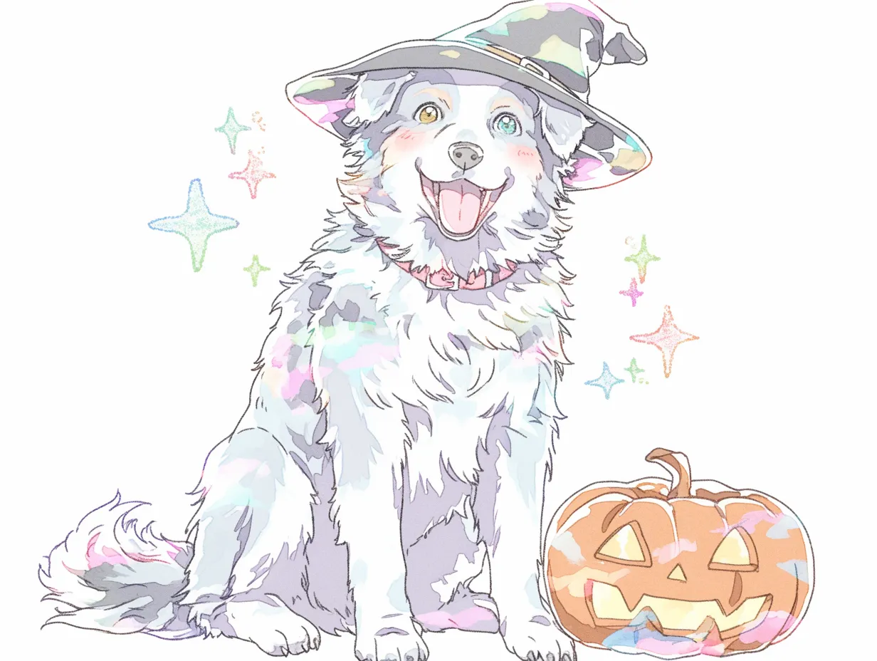 ハロウィン犬のほほえみ｜魔法使い帽をかぶったハロウィン犬が満面の笑顔で登場。毛並みに広がる虹色のタッチとジャックオーランタンが、楽しい季節の訪れを感じさせてくれます。
