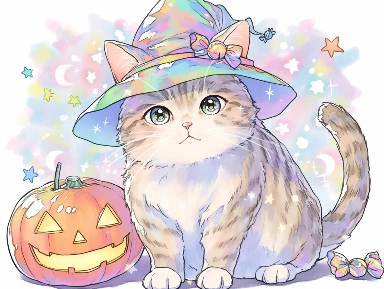ハロウィン猫のまなざし｜キラキラの帽子とジャックオーランタンを添えて座るハロウィン猫。まっすぐな瞳と淡い背景の星や月が、静かで幻想的な夜を優しく描いています。