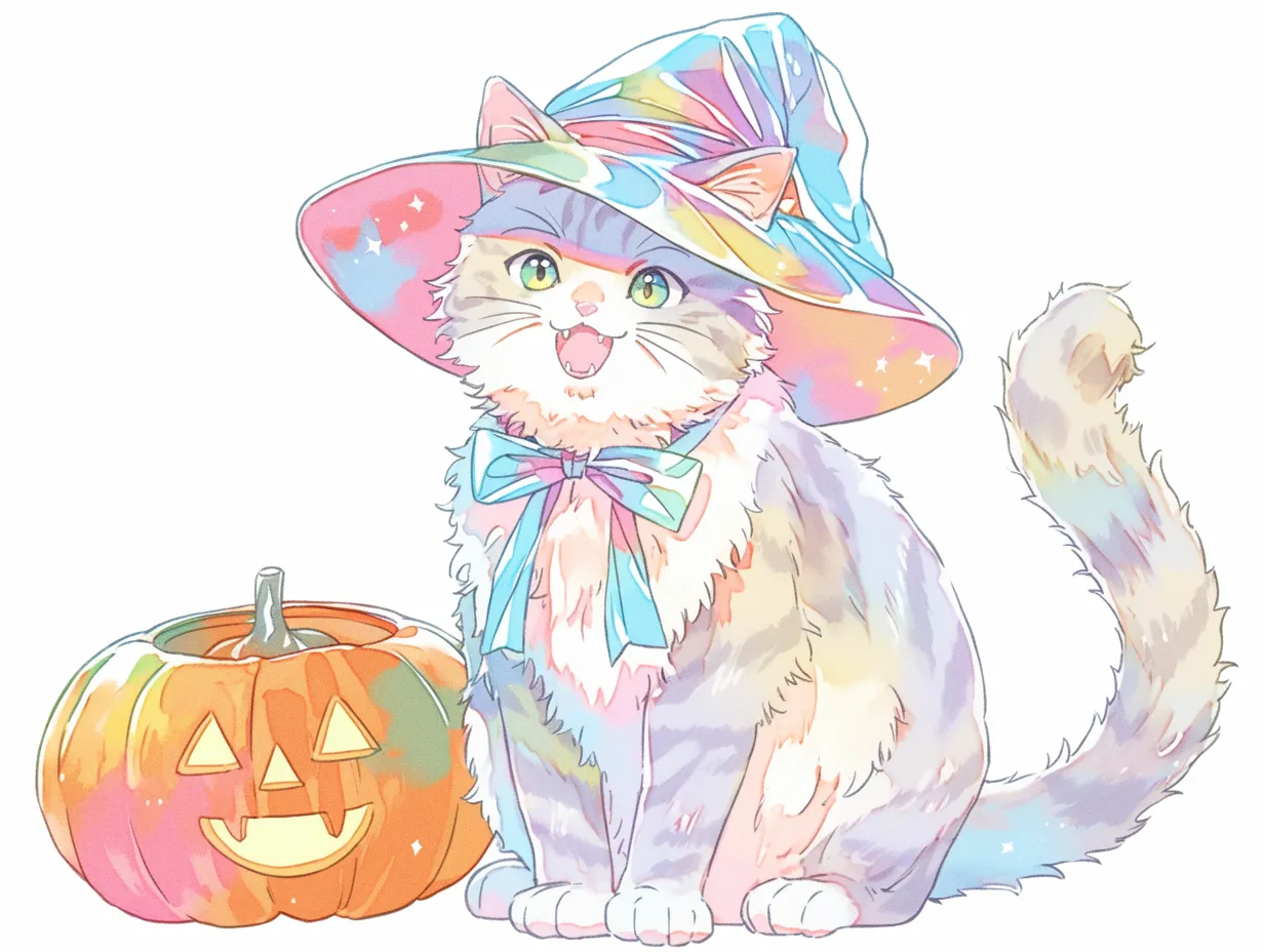 ハロウィン猫の笑顔｜大きなリボンと魔女帽子をかぶったハロウィン猫が満面の笑みで登場。毛並みに映る虹色の光とパンプキンが、陽気な祝祭ムードを華やかに盛り上げています。
