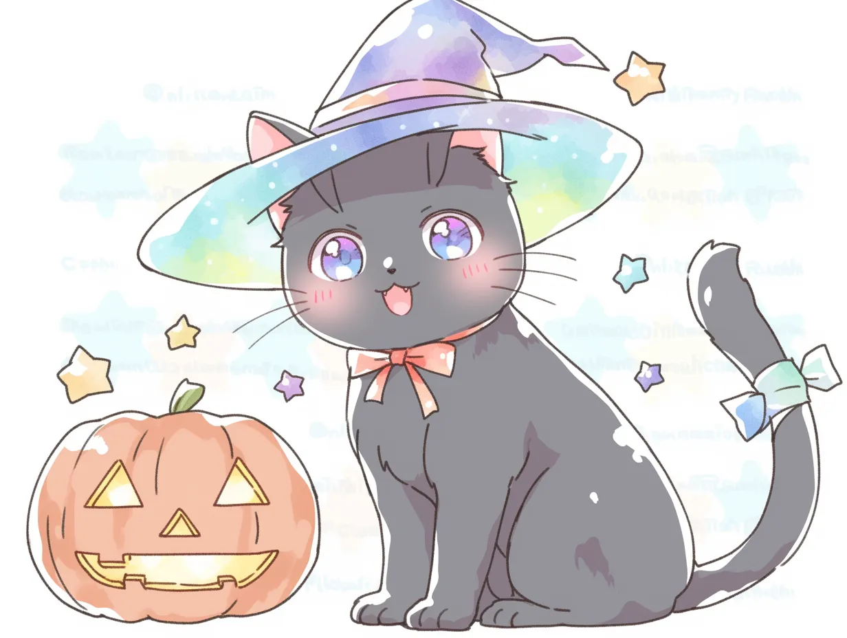 ハロウィン黒猫の挨拶｜鮮やかな虹色の帽子とリボンでおめかししたハロウィン黒猫。輝く瞳と元気な表情、背景の星々がにぎやかな夜の始まりを楽しく伝えています。