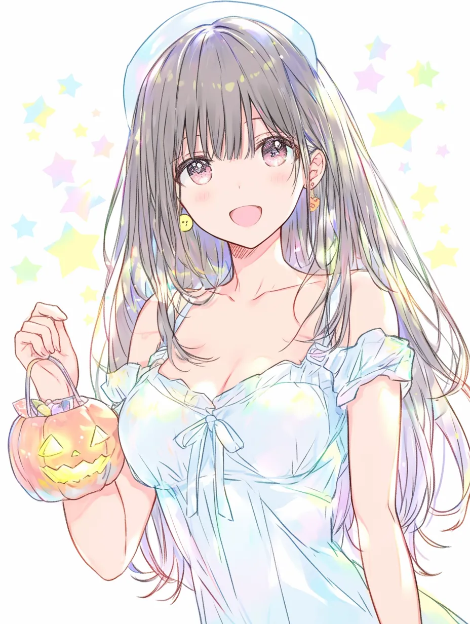ハロウィンナースの微笑み｜優しい笑顔を浮かべるハロウィンナースの女の子。星のきらめきと透けるような光彩が全体に広がり、幻想的でおしゃれなハロウィンを表現しています。
