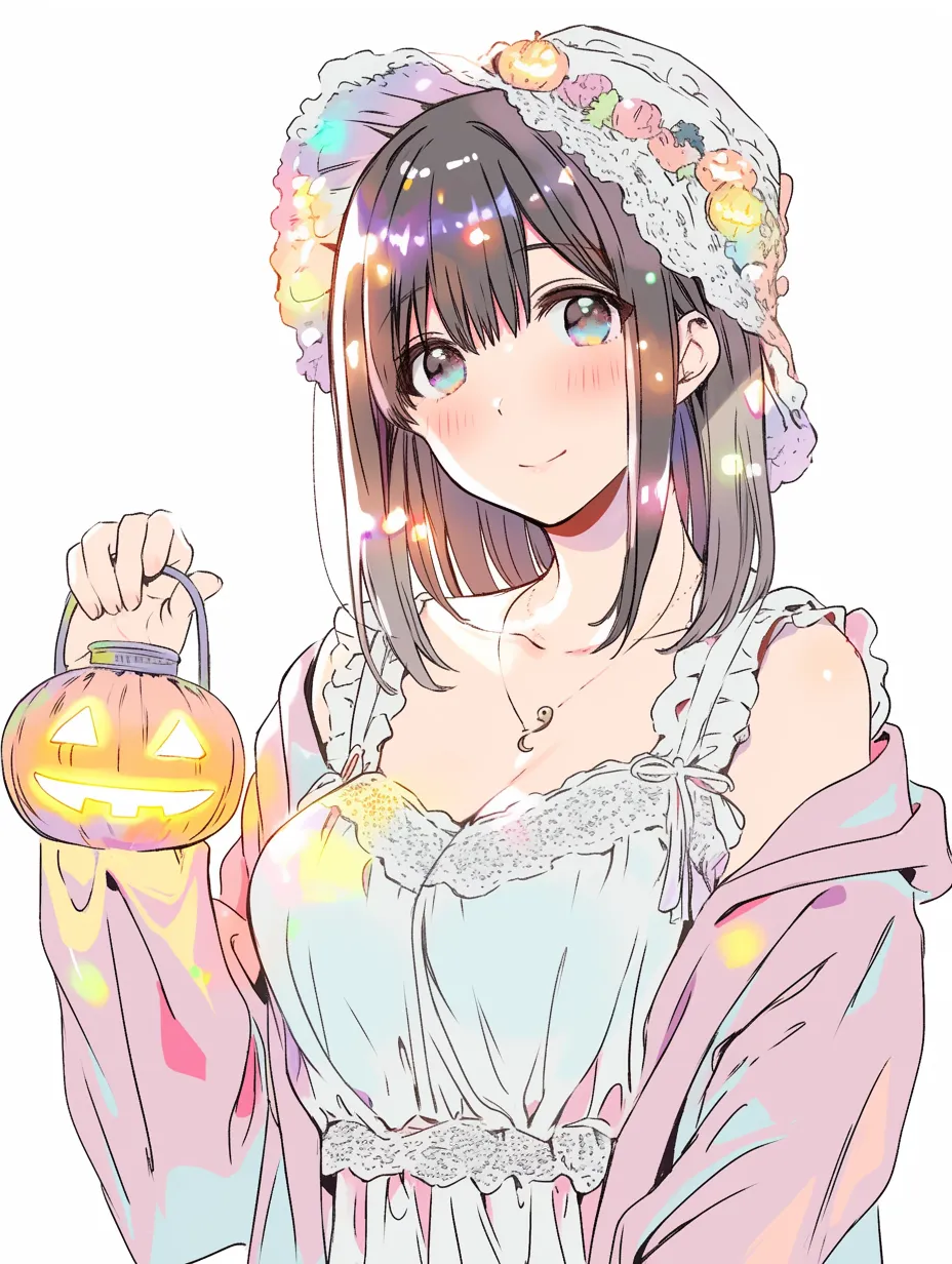 ハロウィンメイドの夜｜かぼちゃ柄のベレー帽とレースの装いが魅力のハロウィンメイド。瞳や衣装に映るカラフルな光の粒が、ほんのり魔法を感じさせるロマンチックな演出です。