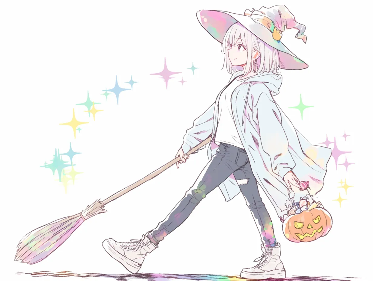 ハロウィン魔女の帰り道｜魔女帽にパーカー姿のハロウィン魔女が元気に歩く様子を描写。持ち歩くカボチャバスケットと広がるキラキラが、楽しげな魔法の夜を感じさせてくれます。