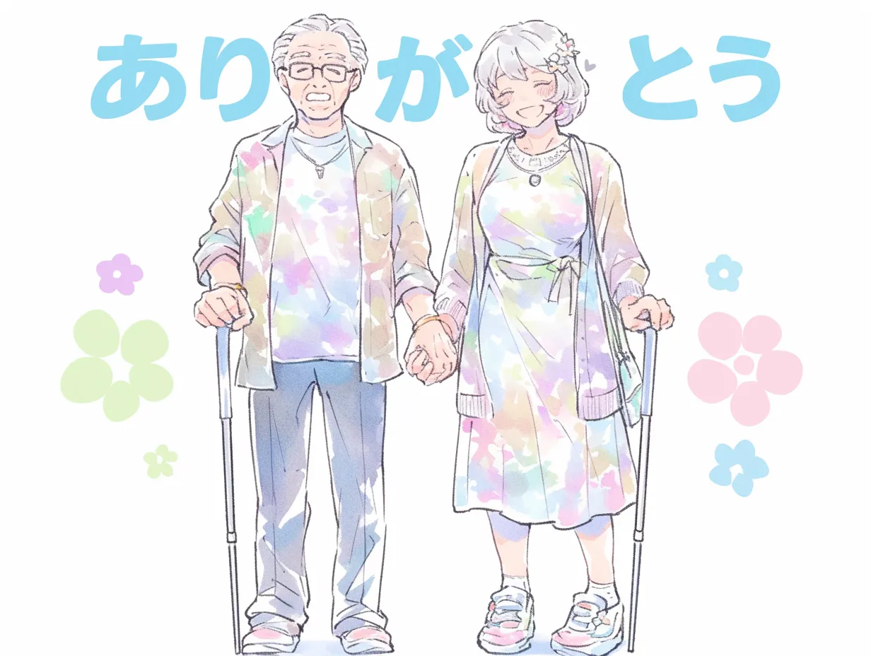 かわいい敬老の日｜手をつなぎ笑い合う老夫婦が主役の敬老の日イラスト。カラフルな服や優しい表情が、長い年月を共に歩んできた絆の温かさを感じさせてくれます。