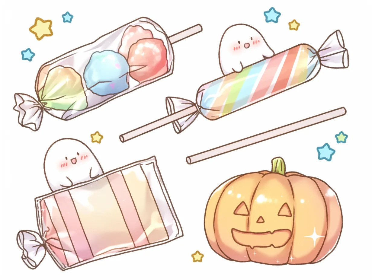 かわいいハロウィン｜カラフルなキャンディやおばけ、かぼちゃがポップに配置されたかわいいハロウィンイラスト。表情と配色の工夫で、明るく楽しい雰囲気を生み出しています。
