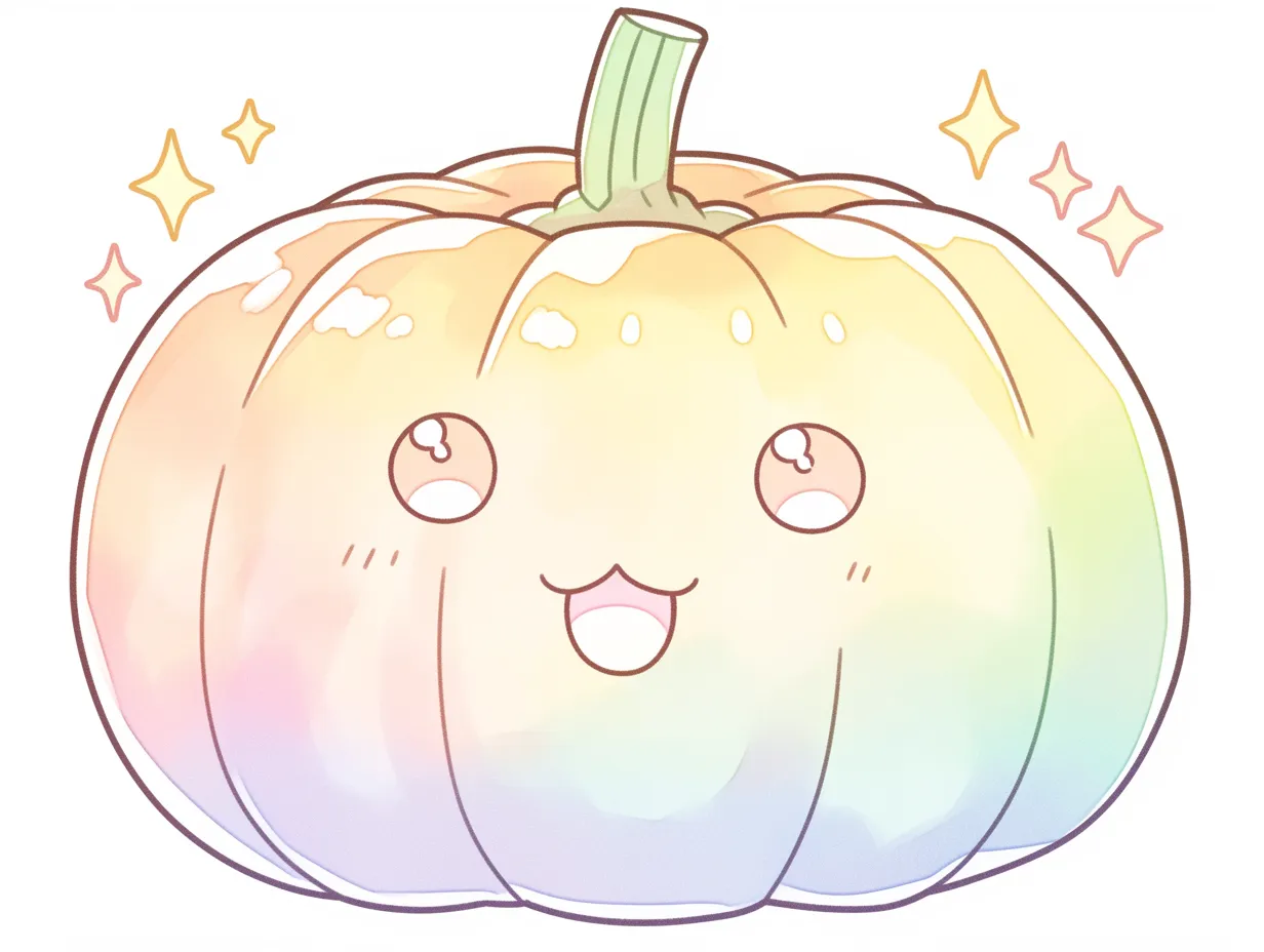 ハロウィンかぼちゃ｜にっこり笑顔のハロウィンかぼちゃが虹色に染まった幻想的なビジュアル。瞳や頬のきらめきが、かわいさと不思議な魅力を同時に引き立てています。