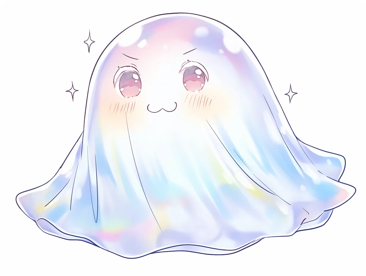 ハロウィンおばけの決意｜ふわりと広がる布のフォルムが魅力的なハロウィンおばけ。虹色の光をまとった表情に、照れと勇気がにじみ、見る者の心をくすぐります。