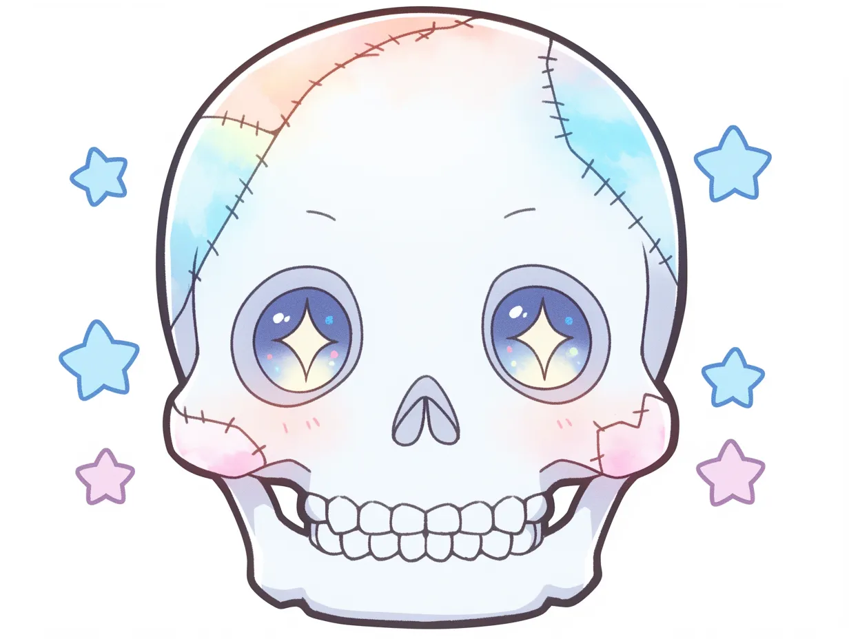 ハロウィンガイコツの瞳｜くっきり輝く星形の瞳が印象的なハロウィンガイコツ。パステル調の塗りと細やかな縫い目が、怖さよりも愛嬌を引き立てるアクセントになっています。