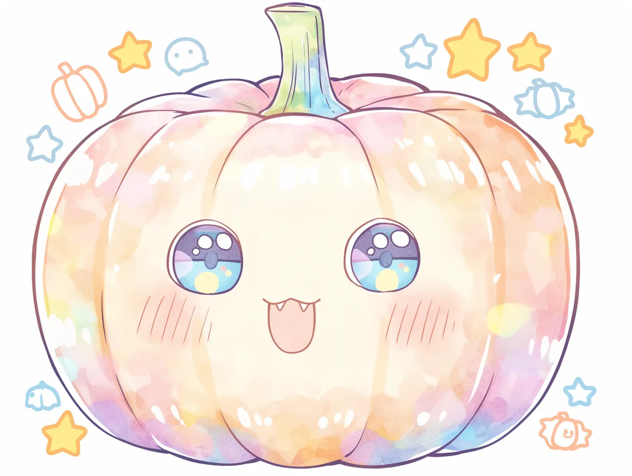 ハロウィンジャックの笑顔｜丸く光る瞳と微笑みに引き寄せられるハロウィンジャックオーランタン。星やおばけの飾りが背景に浮かび、にぎやかで夢いっぱいの印象を与えます。