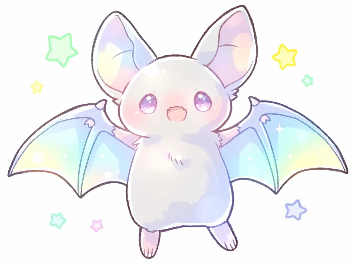 ハロウィンコウモリ登場｜虹色に透ける羽とまん丸の目が愛らしいハロウィンコウモリ。星がちりばめられた構図と軽やかなポーズが、空へ舞い上がるワクワク感を演出しています。