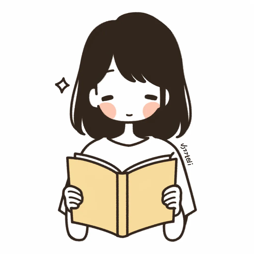読書・微笑む少女｜ふんわりとした線と優しい色使いで描かれた少女が、読書を楽しんでいるイラスト。キラリとした装飾が加わり、読書に没頭する心地よい雰囲気が伝わるデザインになっている。