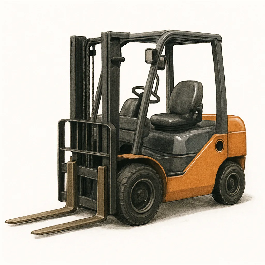 リアルなフォークリフト｜コンパクトな車体に長いフォークとリフト装置を備え、荷物の持ち上げや運搬に特化した構造をリアルに描写。オレンジのボディと黒いフレームのコントラストが印象的で、タイヤや座席、操作レバーも精密に表現。工場や倉庫教材、掲示にも最適。