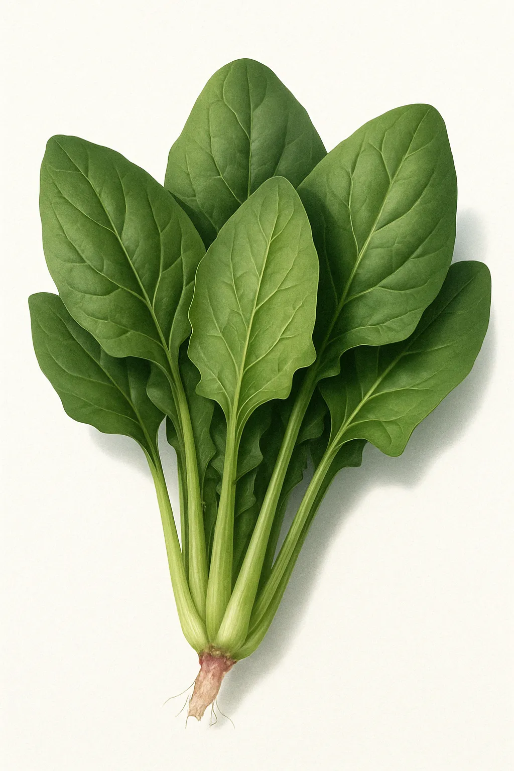 リアルなほうれん草｜深い緑色の葉と細くしなやかな茎が特徴で、葉脈や葉の丸まり具合まで丁寧に描写。根元には淡い赤みがあり、全体にみずみずしさと張りのある質感が伝わる。収穫したばかりのような自然な形で、図鑑や食育教材に最適。