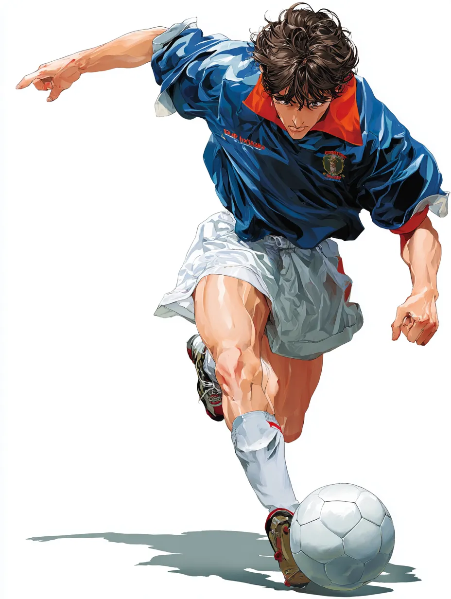 リアルアニメ調のサッカー選手①｜疾走感ある構図でボールに向かう選手を描いたリアルアニメ調のスタイルで、筋肉の緊張やユニフォームのしわが動きを強調し、試合の緊迫感が伝わってくる表現です。
