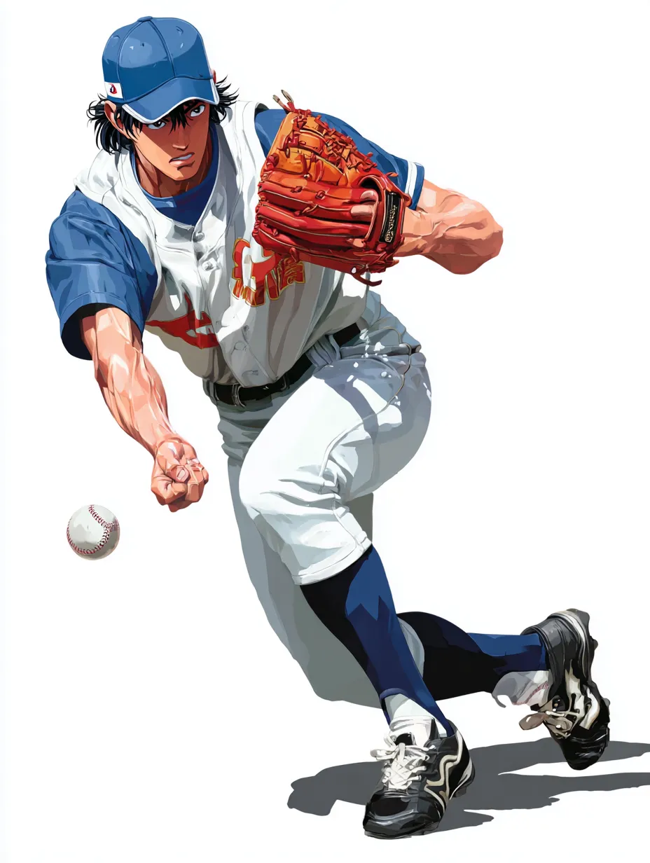 リアルアニメ調の野球選手②｜投球動作の途中で止めたような迫力ある構図が魅力のリアルアニメ調で、投手の集中力や動作の重みを繊細に感じられます。