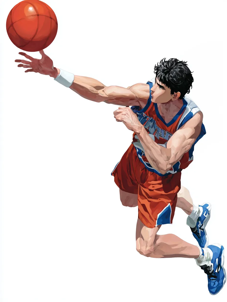 リアルアニメ調のバスケ選手②｜ジャンプシュートの一瞬を切り取った構図が印象的なリアルアニメ調の描写で、浮遊感と筋肉の美しさがバランスよく描かれています。