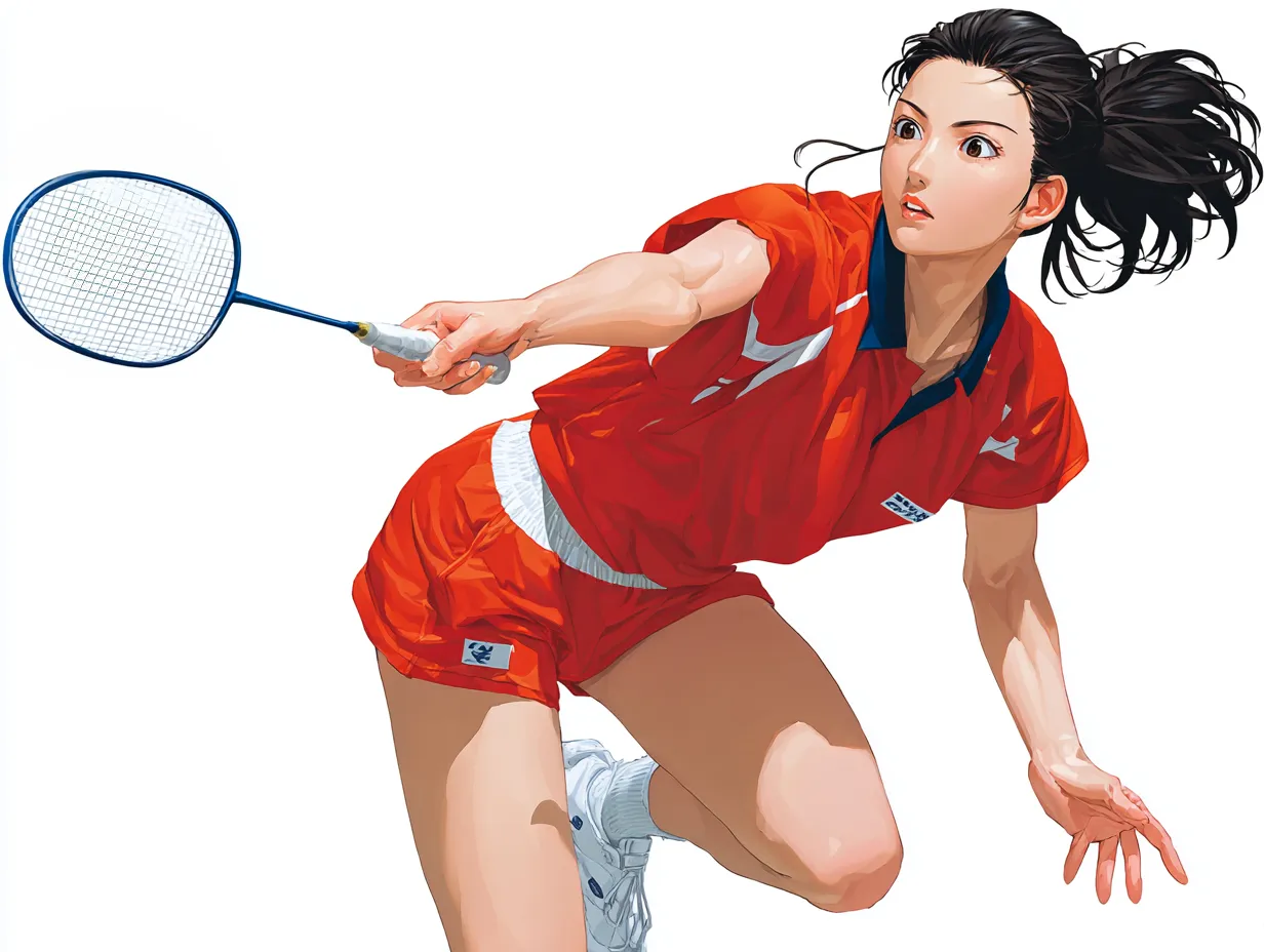 リアルアニメ調のバドミントン選手②｜ラケットを構える手元と表情の力強さが魅力のリアルアニメ調で、一球を追う迫力ある臨場感が際立っています。