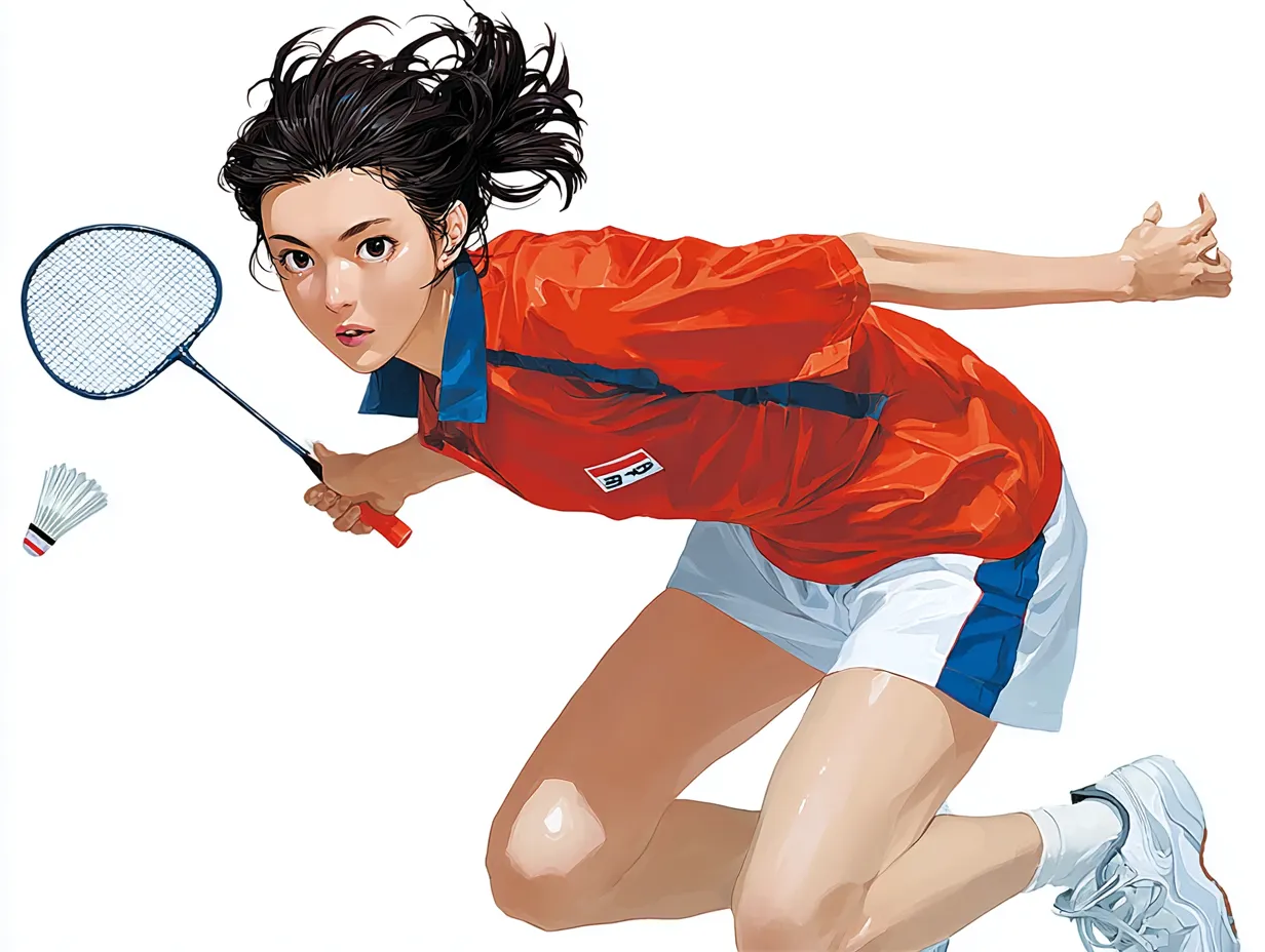 リアルアニメ調のバドミントン選手③｜シャトルを追い詰める低姿勢の構えを鮮明に描いたリアルアニメ調の構成で、緊張と集中が溶け合うような空気感を感じさせます。