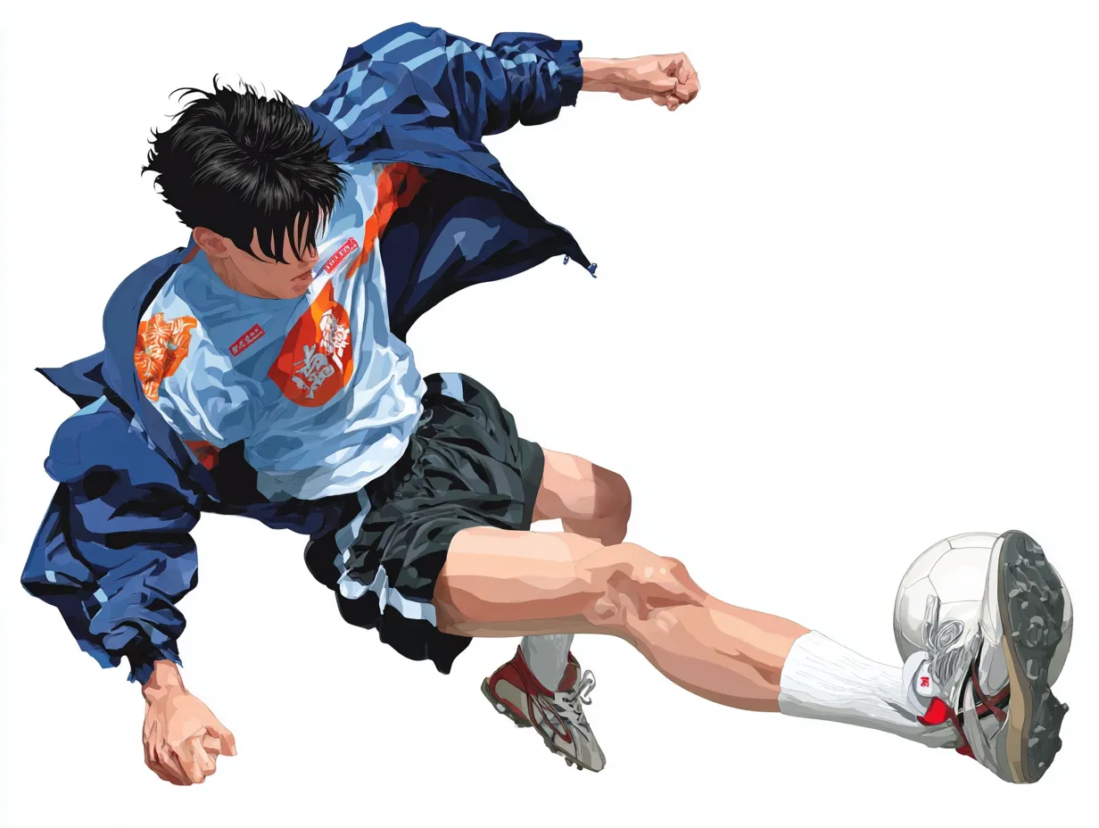 リアルアニメ調のサッカー選手③｜ジャンプしながらボールにアプローチする空中の瞬間をリアルアニメ調の筆致で捉え、爽快な軽やかさとアクロバティックな魅力が強調された一枚です。