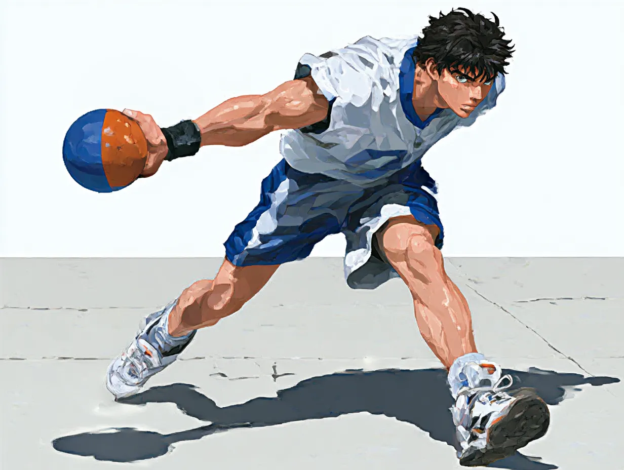 リアルアニメ調のハンドボール選手（屋外）｜屋外の光を感じさせる背景と力強いステップが魅力のリアルアニメ調のハンドボールシーン。構図の勢いがプレーの緊迫感を際立たせている。