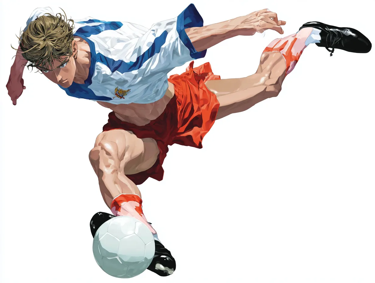 リアルアニメ調のサッカーシュート②｜全身をしならせて力強くシュートする瞬間を描いたリアルアニメ調の構図で、スピード感と筋肉の張りが一体となり観る者を惹きつけます。