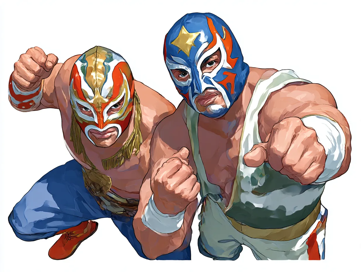 リアルアニメ調のプロレスマスクマン｜カラフルな覆面と力強いポージングが映えるリアルアニメ調のプロレスマスクマン。ユニークなデザインと筋肉表現がアニメ的躍動感を際立たせています。