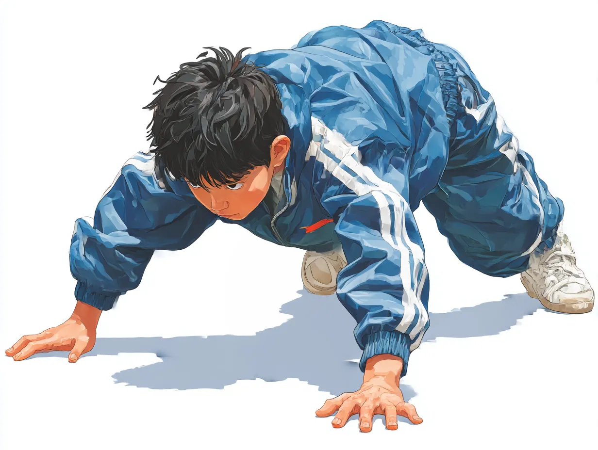 リアルアニメ調の子ども体操姿｜地面を意識した力強い構えが特徴のリアルアニメ調の子ども体操姿。トレーニング中の一瞬を切り取ったような生き生きとした描写が魅力です。