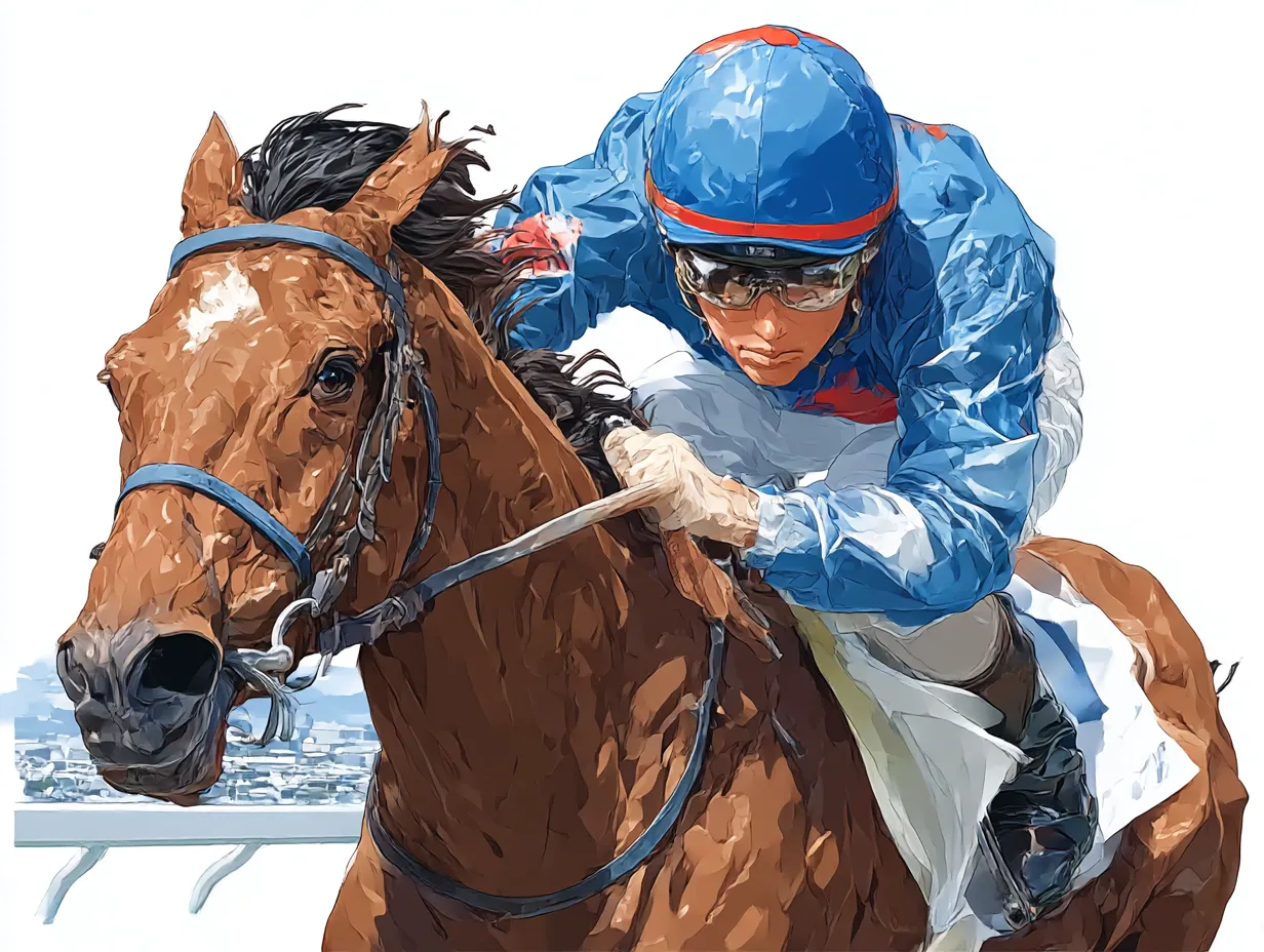 リアルアニメ調の競馬レース接近｜接近して迫る馬と騎手をアップ気味にとらえた構図で、リアルアニメ調の強い筆致で表情や毛並みを鮮明に描写。レースの臨場感と緊迫感を一瞬に閉じ込めた作品。
