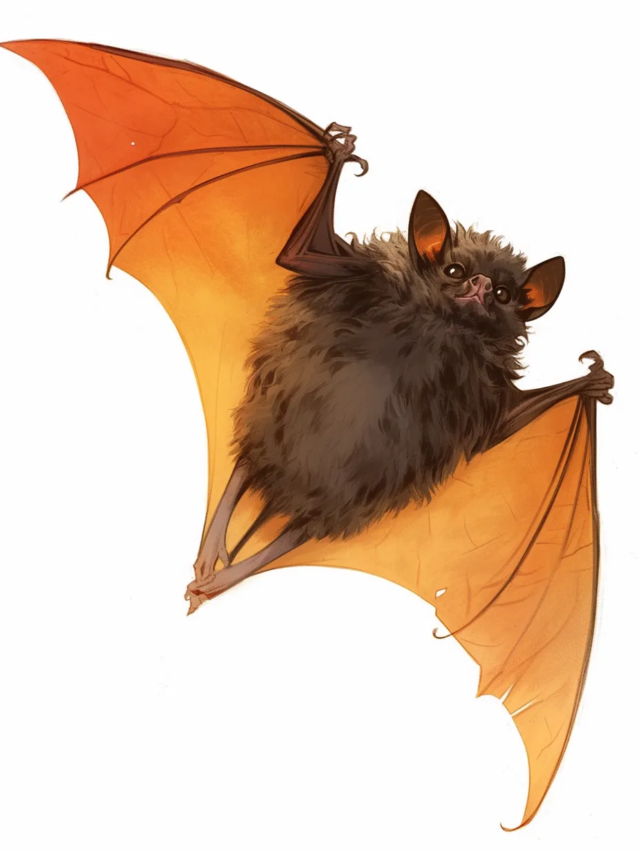 リアルコウモリの暖色系の翼｜黒い毛並みにオレンジがかった翼のコントラストが美しいデザイン。リアルコウモリの自然な躍動感と、光を透かした翼の繊細な表現が際立つアートワーク。