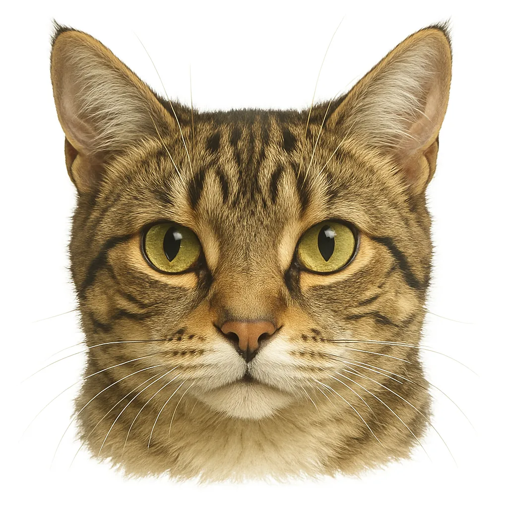 顔アップのリアルな猫｜日本猫の代表的な模様をもつ猫の顔を、リアルに寄せて真正面から描いた顔アップのアイコンです。毛並みの質感やヒゲ、瞳の反射まで細かく描写され、自然な白色光で立体感を出しながらも柔らかい印象を保っています。白背景で清潔感ある仕上がりです。