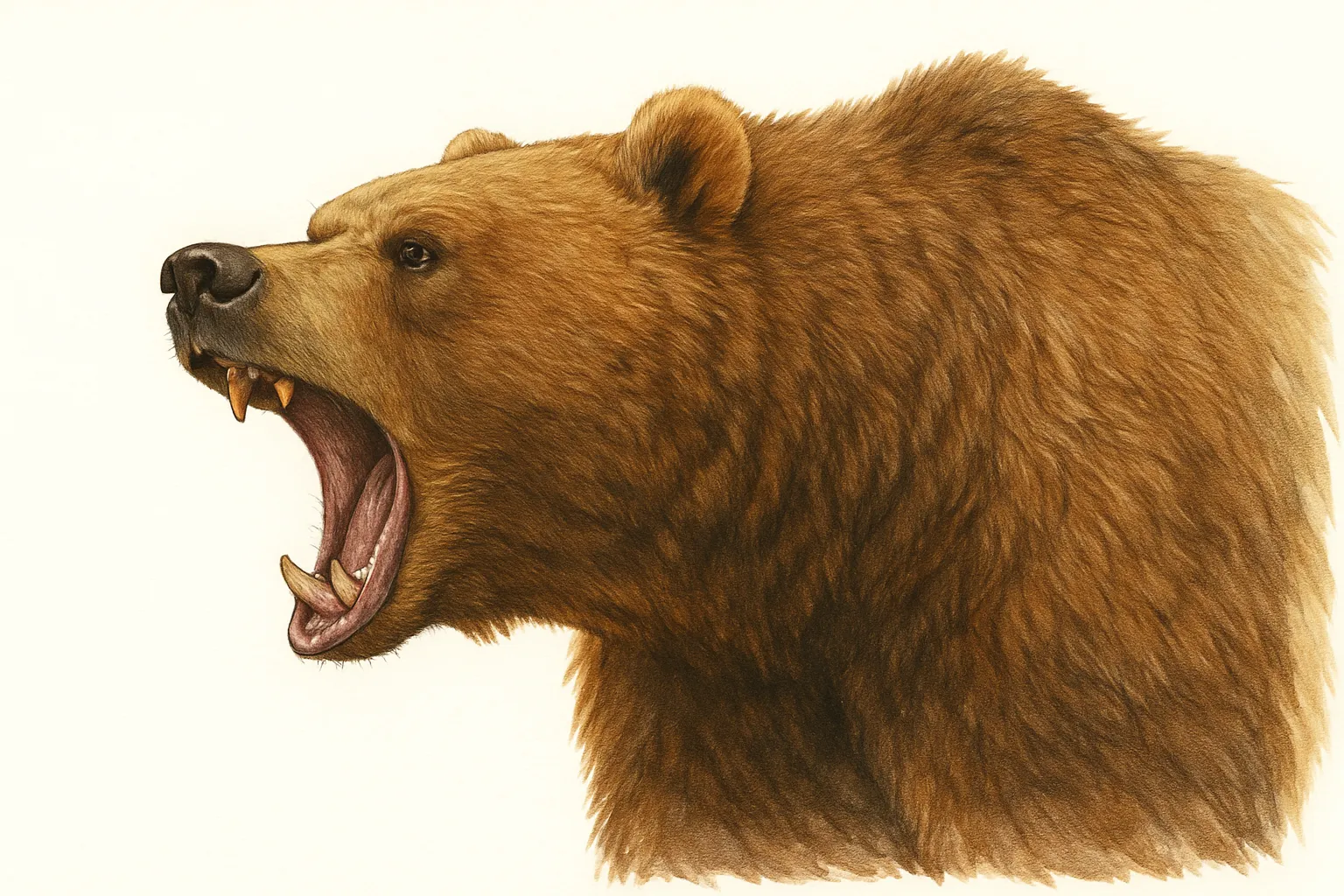 吠えるヒグマの横顔　｜厚い首筋とふさふさの毛並みを逆立てながら、咆哮を放つヒグマの横顔を捉えた構図。重厚な迫力と野性の力強さが一瞬で伝わる。