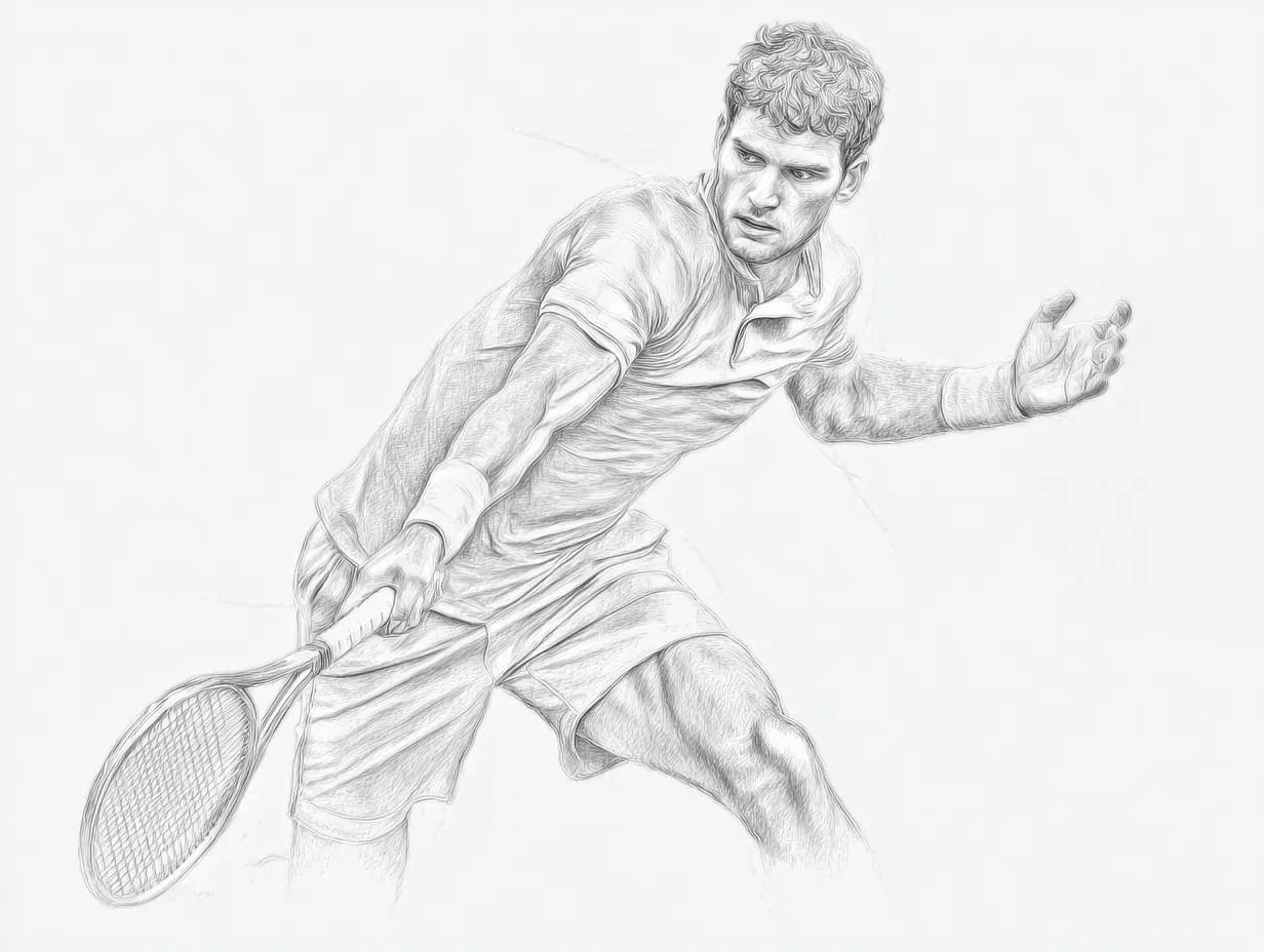 リアル鉛筆スケッチのテニス選手｜スイング直前の緊張感が伝わるリアル鉛筆スケッチのテニス選手。繊細なタッチと陰影によって、集中力とフォームの美しさが際立っています。