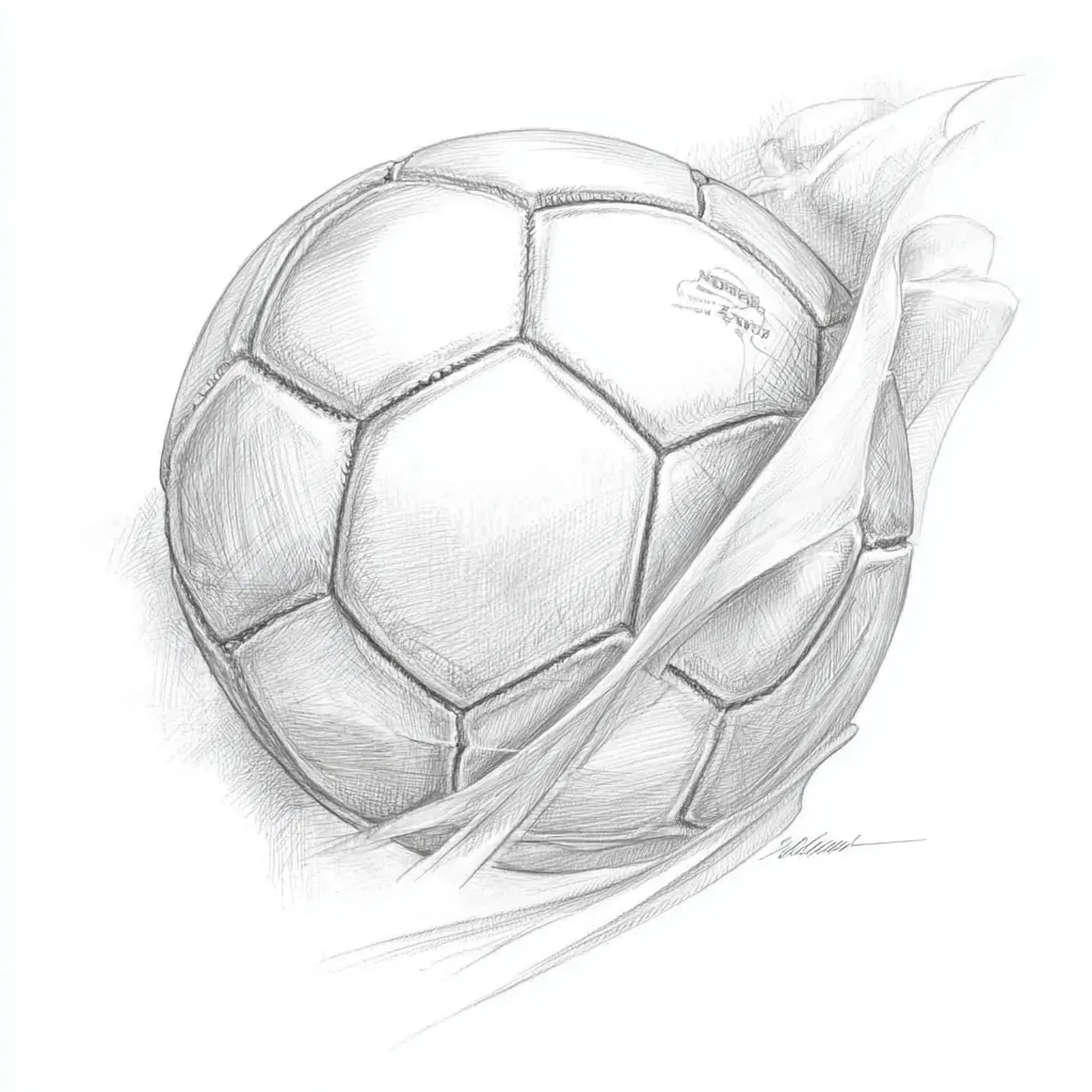 リアル鉛筆スケッチのサッカーボール｜細密な陰影とタッチで描かれたサッカーボールが浮遊する構図。リアル鉛筆スケッチの質感が球体の立体感と存在感を際立たせています。