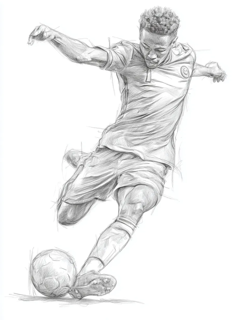 リアル鉛筆スケッチのサッカーシュート｜振りかぶった足の勢いや衣服のたわみを丁寧に描写し、リアル鉛筆スケッチならではの躍動感と瞬間の緊張が伝わる一枚です。
