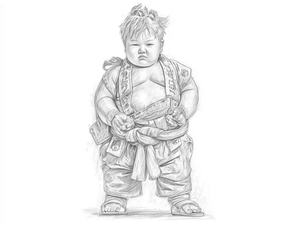 リアル鉛筆スケッチの子供相撲力士｜幼い表情とたくましい装束が印象的なリアル鉛筆スケッチの子ども力士。ふくよかな体つきや手足の丸みが丁寧に描かれ、微笑ましさと威厳が同居している。