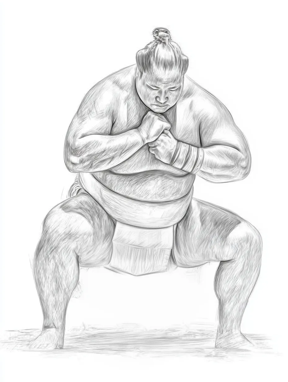 リアル鉛筆スケッチの力士四股踏み｜四股を踏む姿勢にみなぎる力強さを濃淡豊かに描いたリアル鉛筆スケッチの構成。大きな筋肉と集中した表情が静けさの中に力を宿している印象。