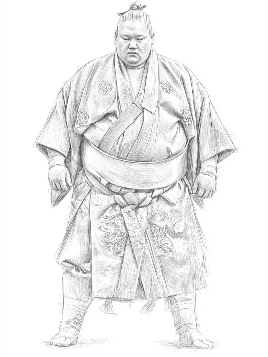 リアル鉛筆スケッチのお相撲さん姿勢｜化粧まわしの精緻な文様と風格ある立ち姿が際立つリアル鉛筆スケッチの描写。立礼の静かな一瞬を通じて、伝統文化の格式と威厳を伝えている。