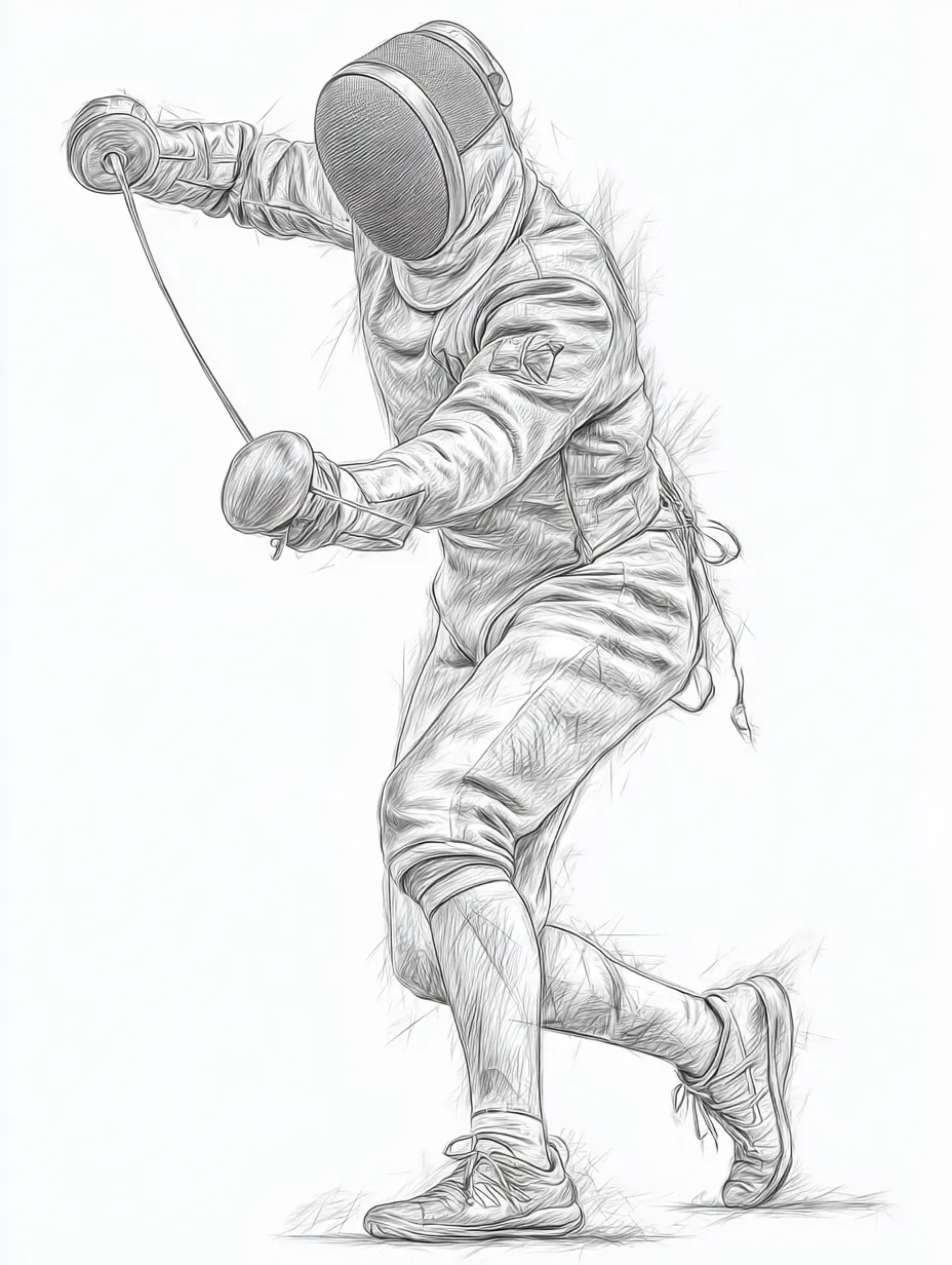 リアル鉛筆スケッチのフェンシング選手（構え）｜防具や剣の質感が緻密に描かれたリアル鉛筆スケッチで、構えた瞬間の静けさと集中が伝わり、鋭さと緊張感を同時に演出しています。