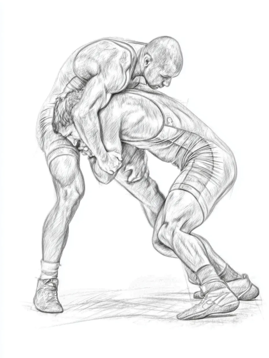 リアル鉛筆スケッチのレスリング選手（組み技）｜緻密な線で描かれたリアル鉛筆スケッチのレスリング構図は、筋肉の張りや力の流れが際立ち、静と動が交差する格闘の緊張感を伝えます。